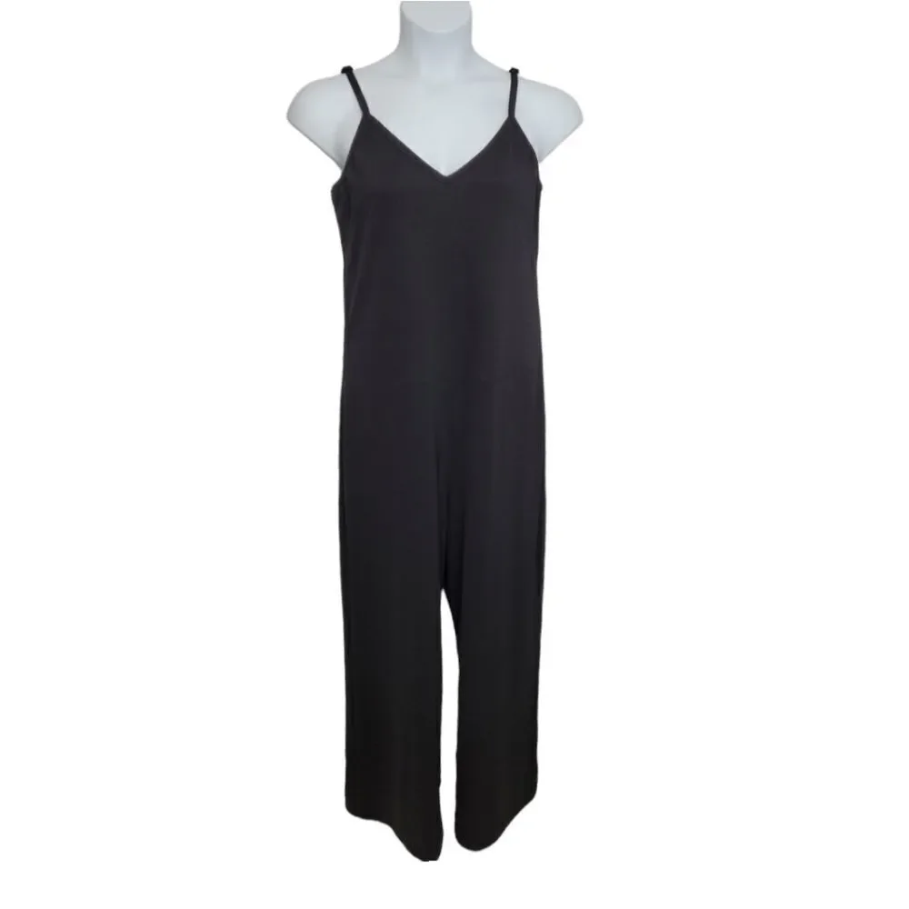 VINTAGE 90s black jumpsuit tank top wide leg crop adjustable straps L